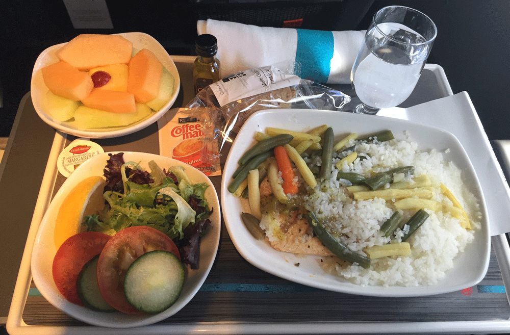 Photo of in-flight meal. A tray is laid out with plates of food from the gluten free menu: green salad, chicken breast with white rice and green and yellow beans and a fruit dish