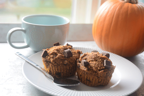 Two allergen free chocolate chip muffins sitting on a white plate with a spoon. A turquoise teacup is in the background with a small orange pumpkin
