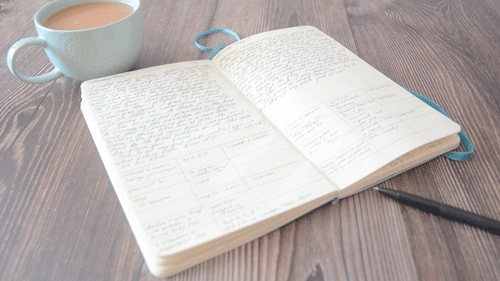 An allergen food diary sits open atop a wooden table. There is a black pen in the foreground and tea in a turquoise cup in the background.