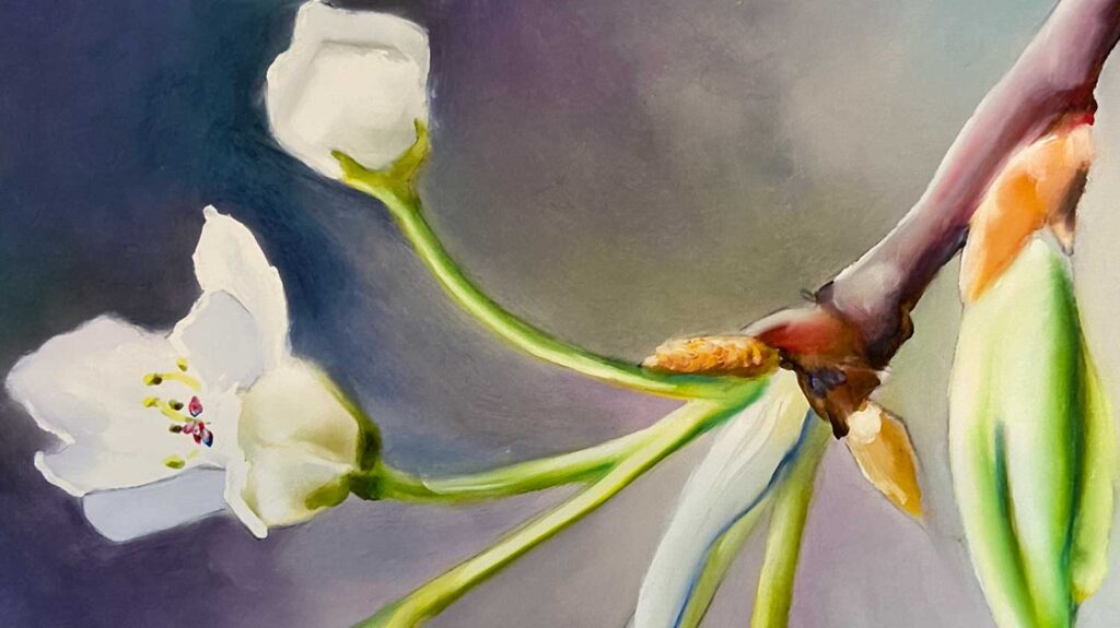 A close up detail of a painting created with oil stick on mylar. The image shows white flowers emerging from buds on a tree branch. The light green foliage is contrasted by the purple hued background. 