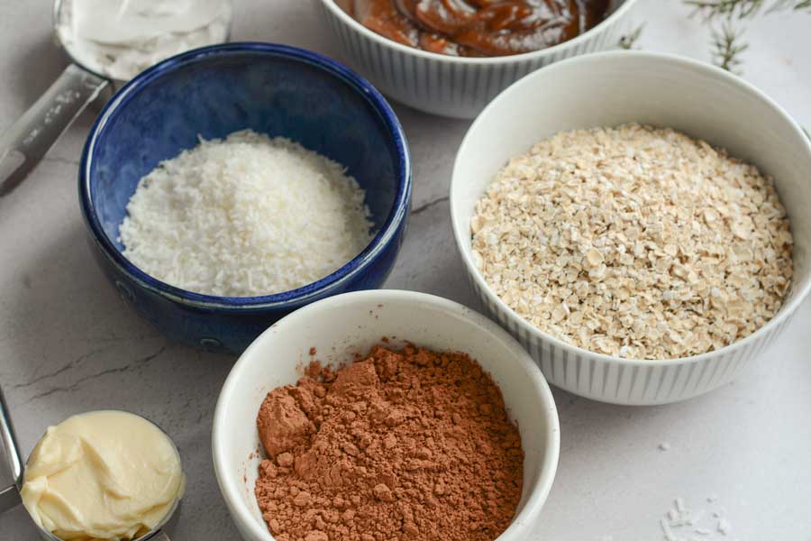 Ingredients for Vegan Chocolate Snowball Cookies sit in bowls on a white countertop. There is a sprig of spruce in the top right corner of the frame. Among the ingredients are shredded coconut in a blue artisanal bowl, date paste in a white and grey striped bowl, quick oats in a white and striped bowl, cocoa powder in a white bowl, coconut cream in a 1/2 cup measure and vegan margarine in a 1/4 cup measure. 
